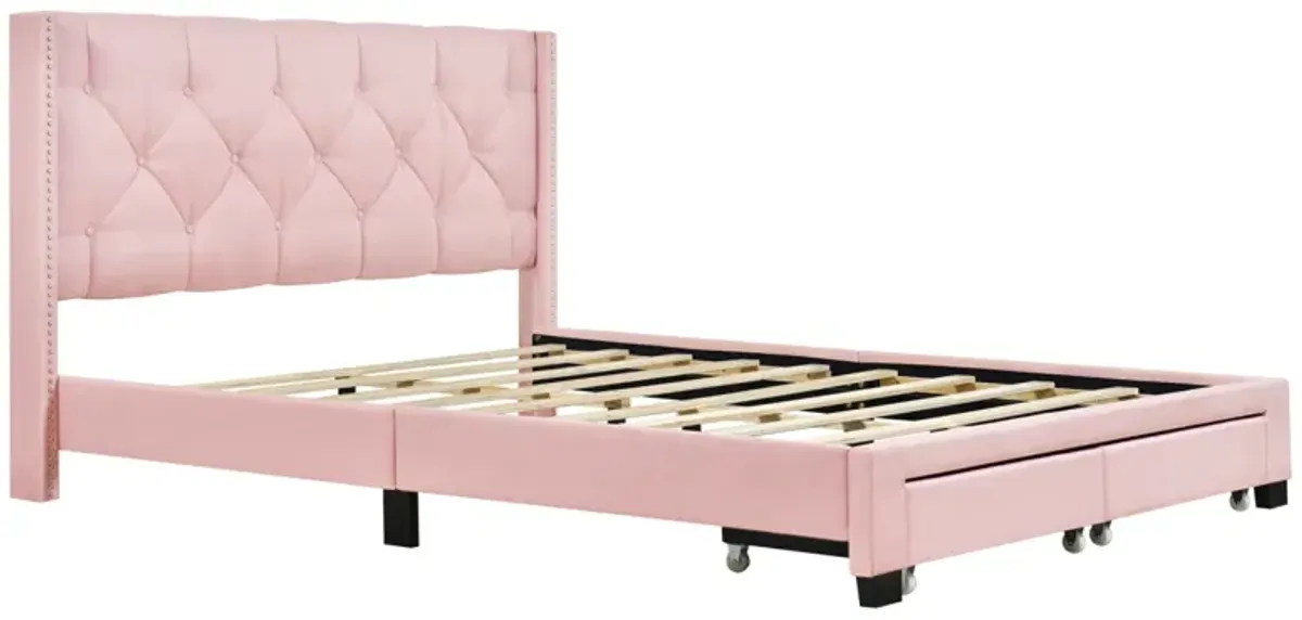 Queen Size Storage Bed Linen Upholstered Platform Bed With Two Drawers - Pink