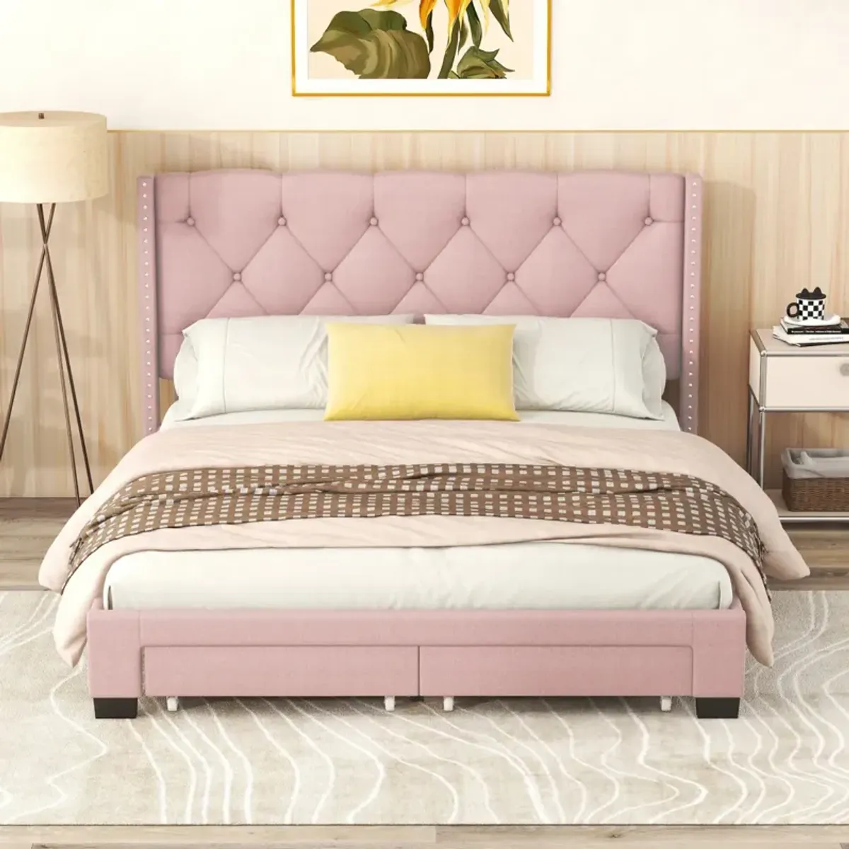 Queen Size Storage Bed Linen Upholstered Platform Bed With Two Drawers - Pink