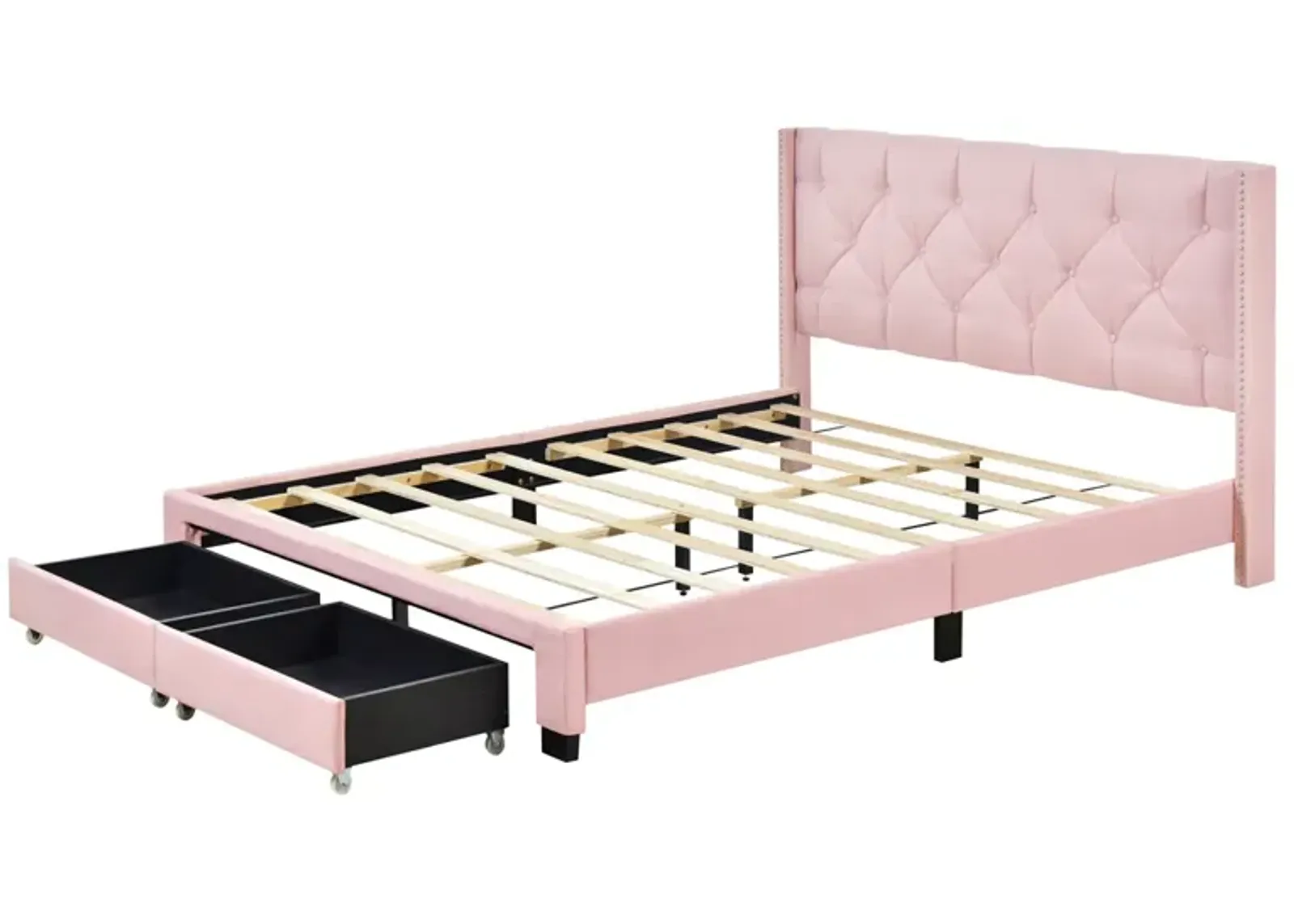 Queen Size Storage Bed Linen Upholstered Platform Bed With Two Drawers - Pink