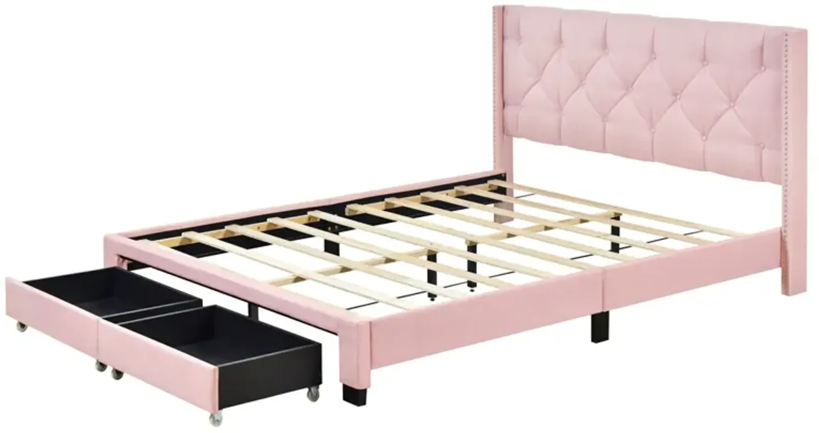 Queen Size Storage Bed Linen Upholstered Platform Bed With Two Drawers - Pink