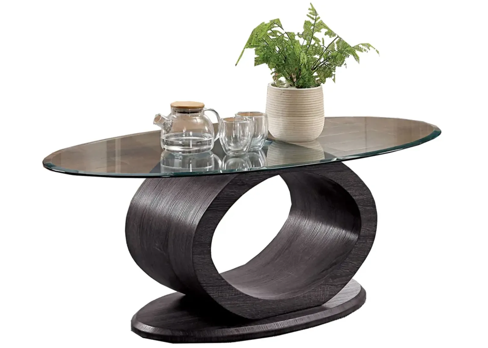 Tempered Glass Top Coffee Table with O Shape Wooden Shape Base, Gray-Benzara