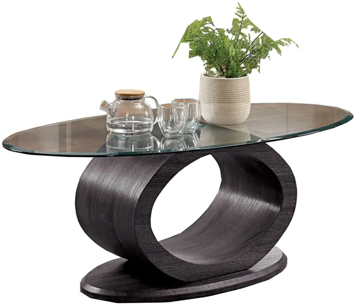 Tempered Glass Top Coffee Table with O Shape Wooden Shape Base, Gray-Benzara