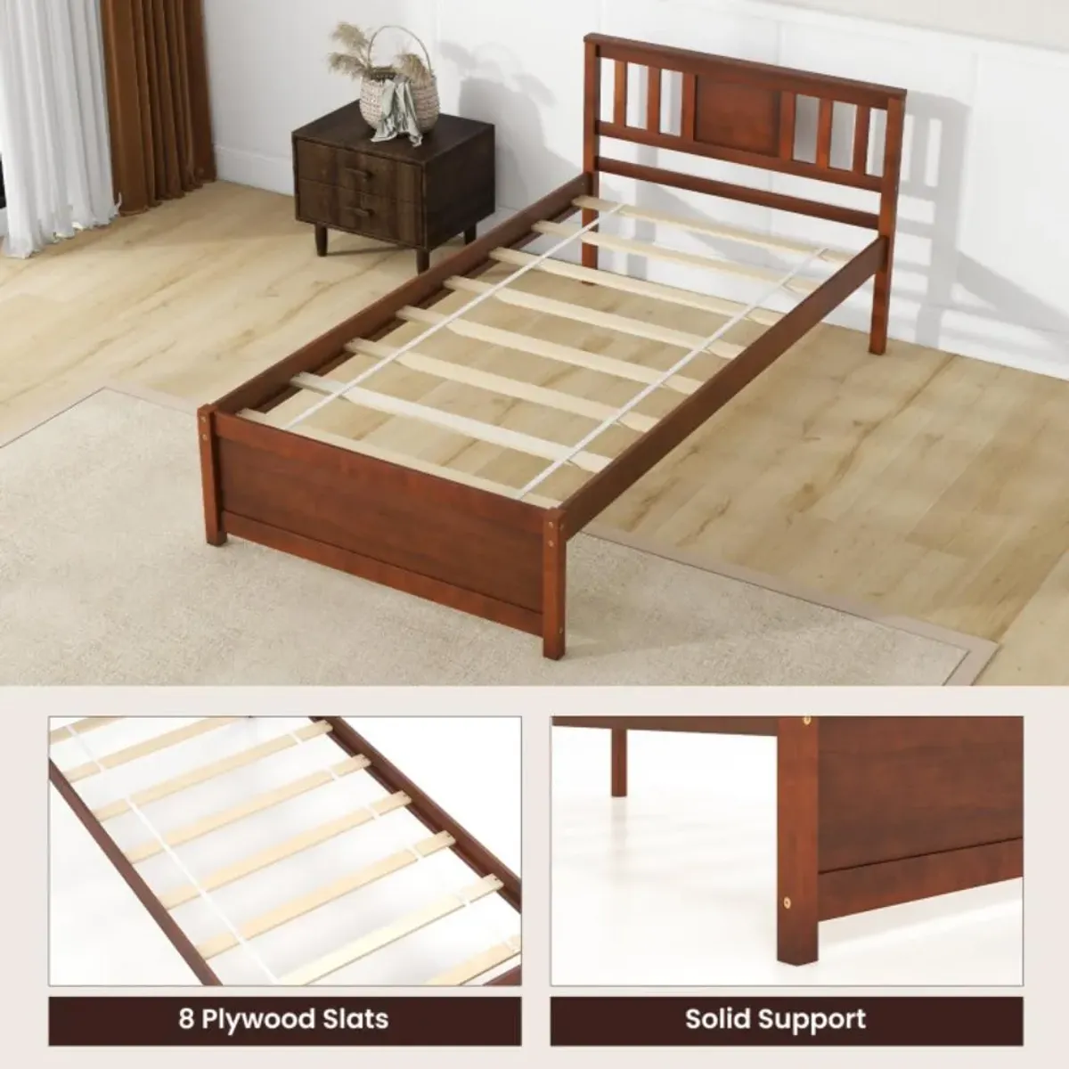 Hivvago Wooden Platform Bed with Headboard and Wood Slat Support