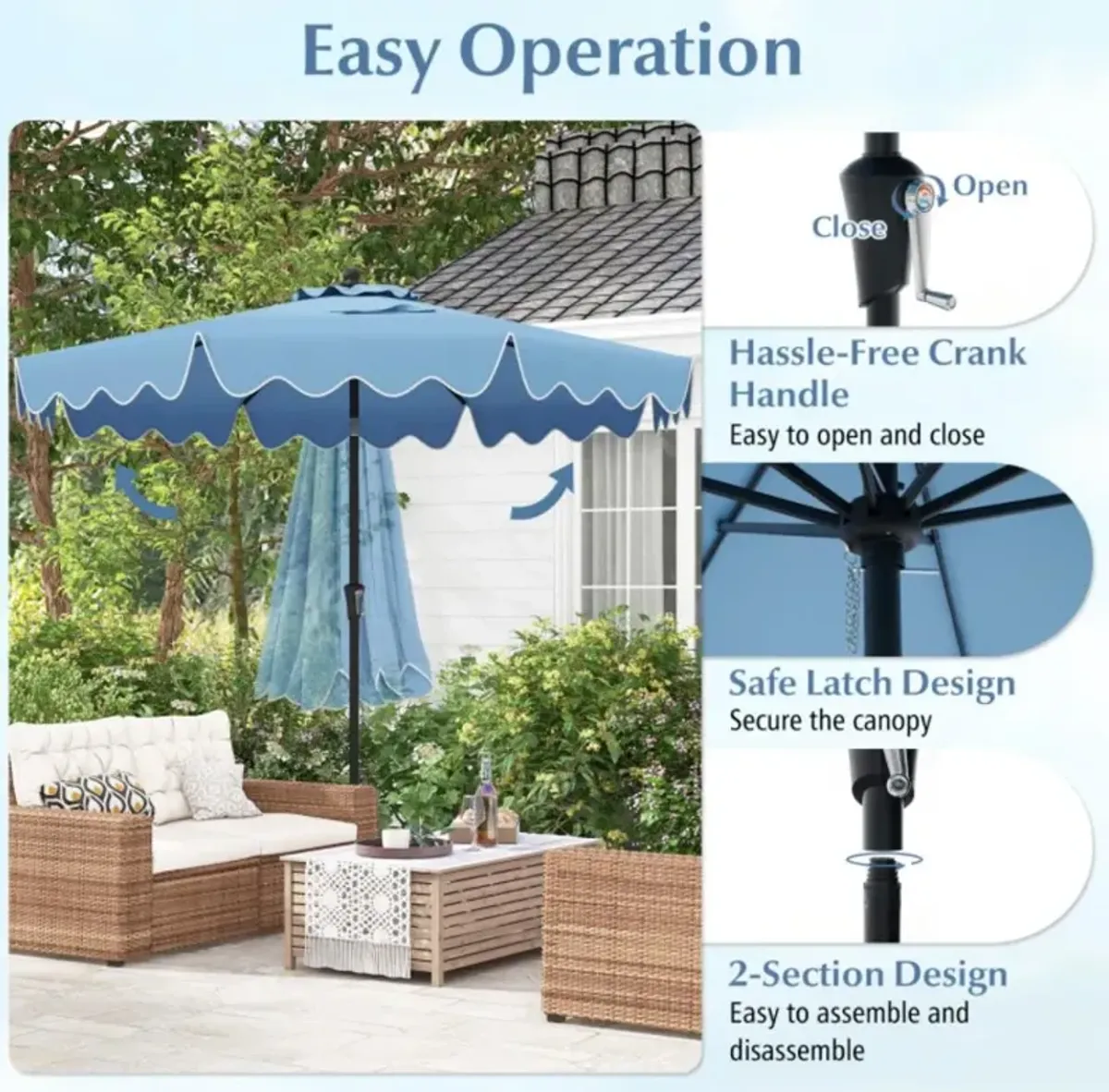 9 Feet Patio Umbrella with Crank Handle and Push Button Tilt