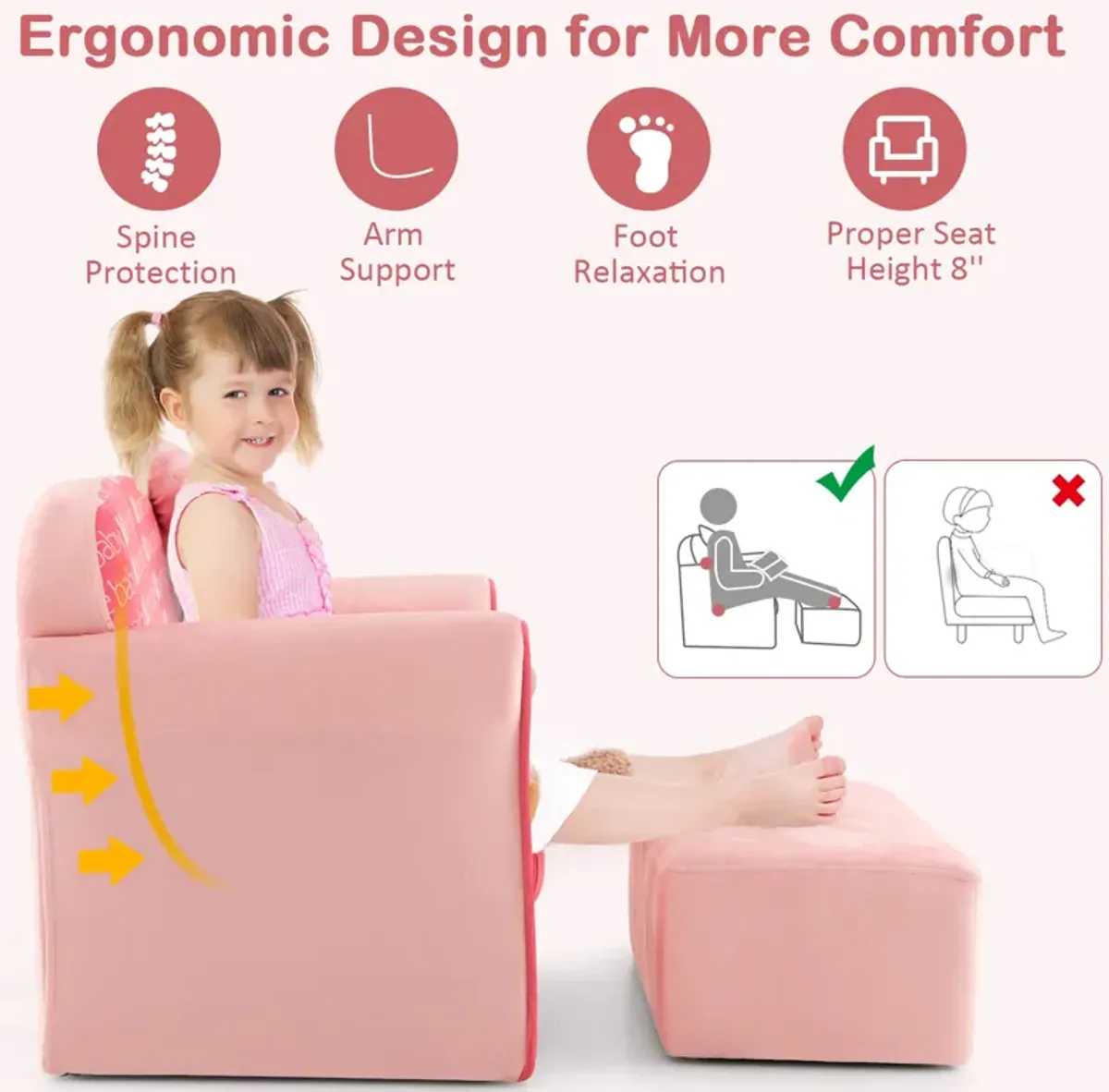 Ultra Soft Velvet Kids Sofa Chair Toddler Couch with Ottoman-Pink