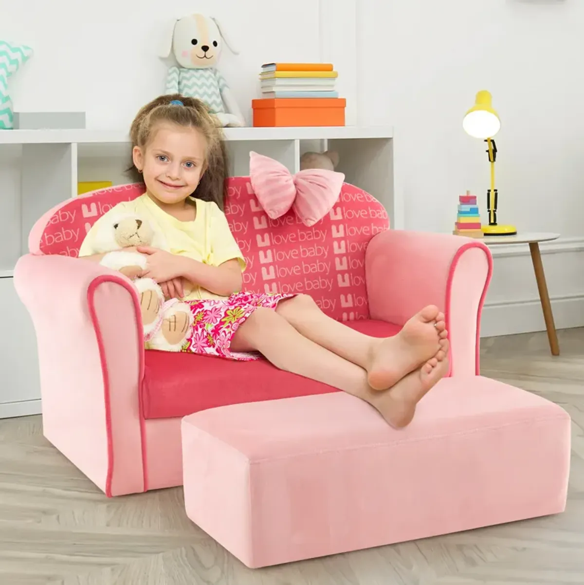 Ultra Soft Velvet Kids Sofa Chair Toddler Couch with Ottoman-Pink