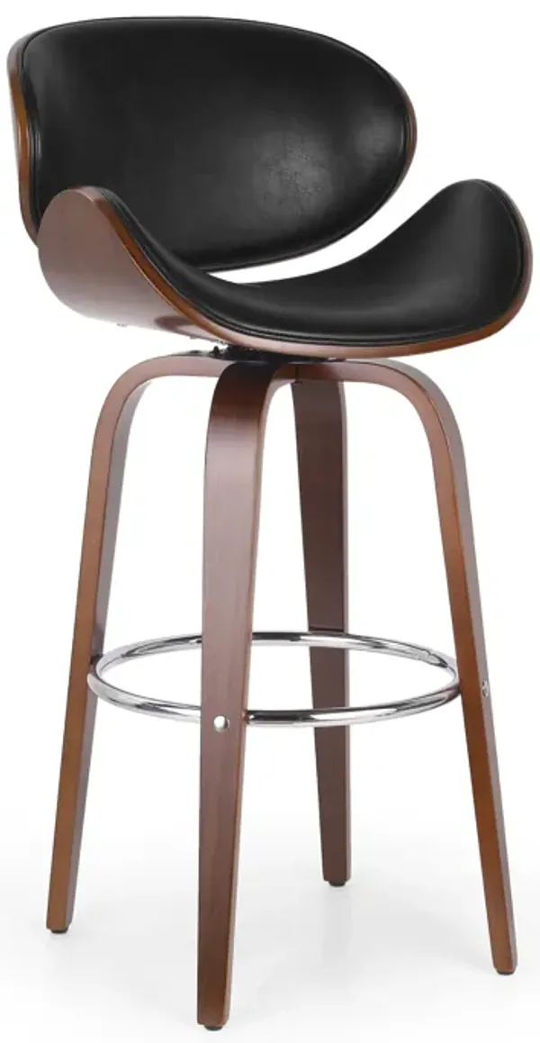 Zaine Swivel Barstool Chair, Walnut Veneer, Black Faux Leather - Benzara