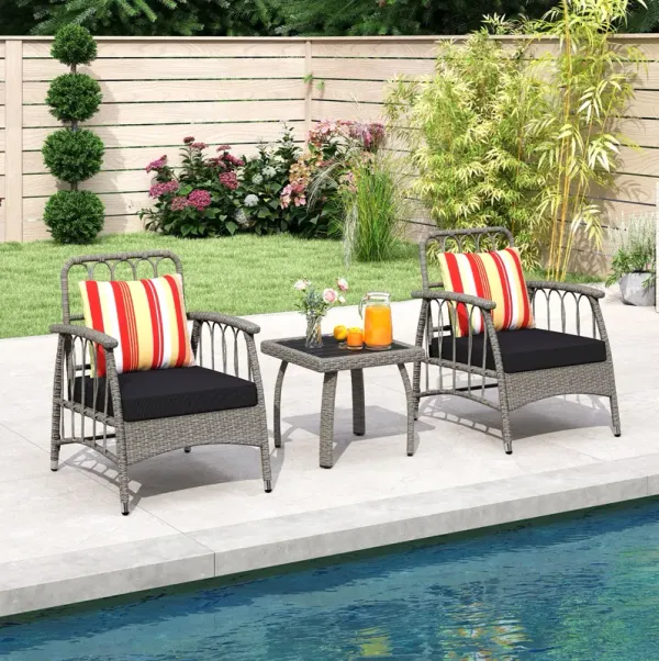 3-Piece Backyard Conversation Set with Reclining Chairs and Tempered Glass Table