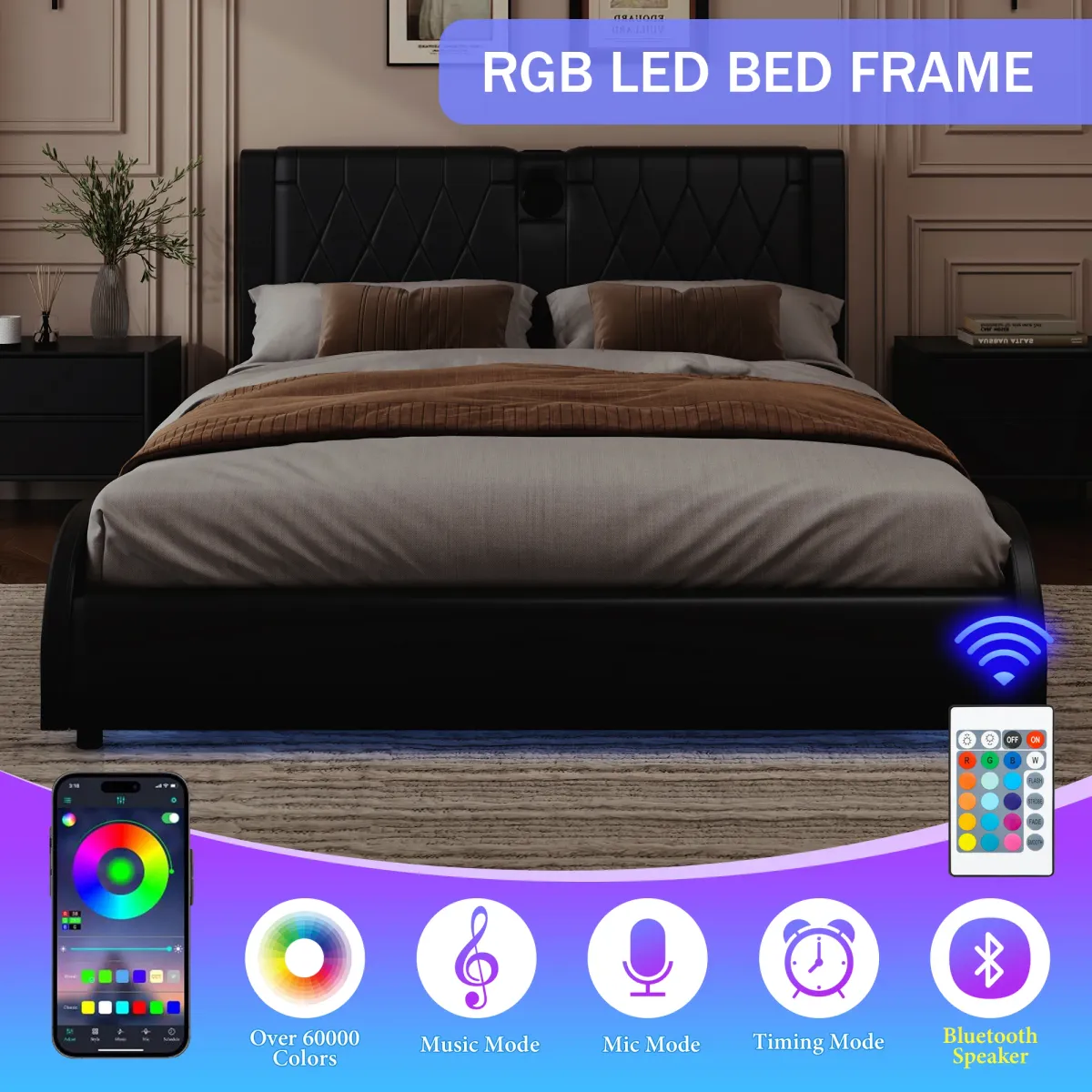 Merax Luxurious Faux Leather Platform Bed with Bluetooth Speakers