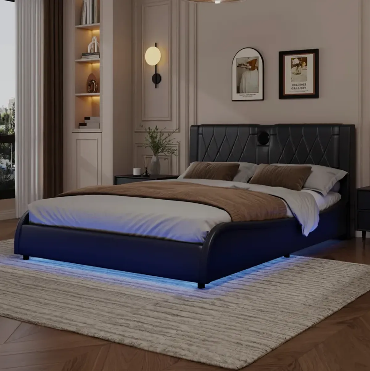 Merax Luxurious Faux Leather Platform Bed with Bluetooth Speakers