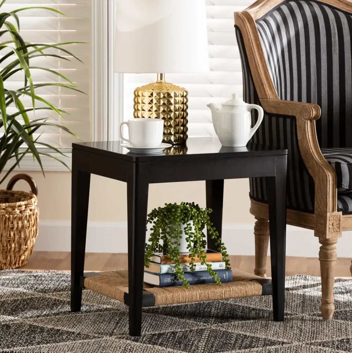 Bali & Pari Freya Modern Bohemian Black Finished Bayur Wood End Table