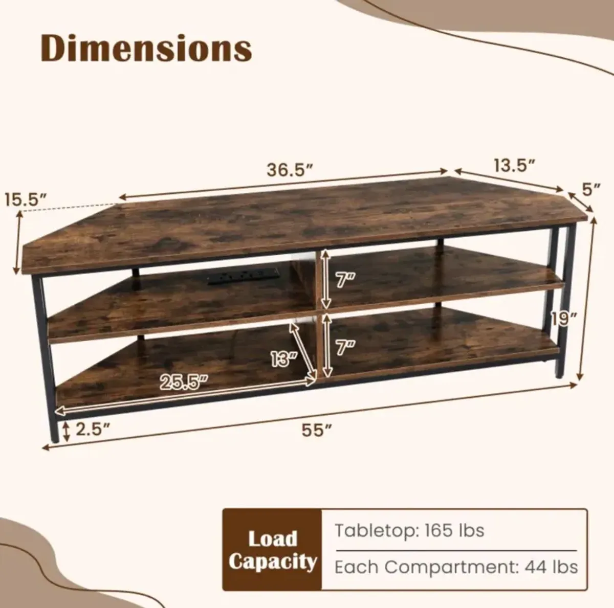 Hivvago 3-Tier Corner TV Stand for TVs up to 65 Inches with Charging Station