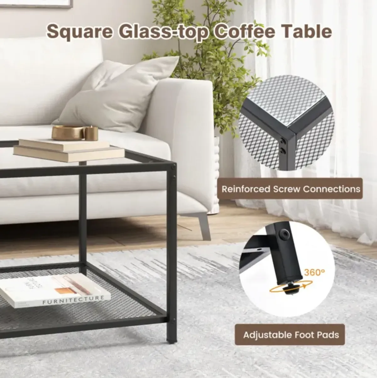 Hivvago Modern 2-Tier Square Glass Coffee Table with Mesh Shelf