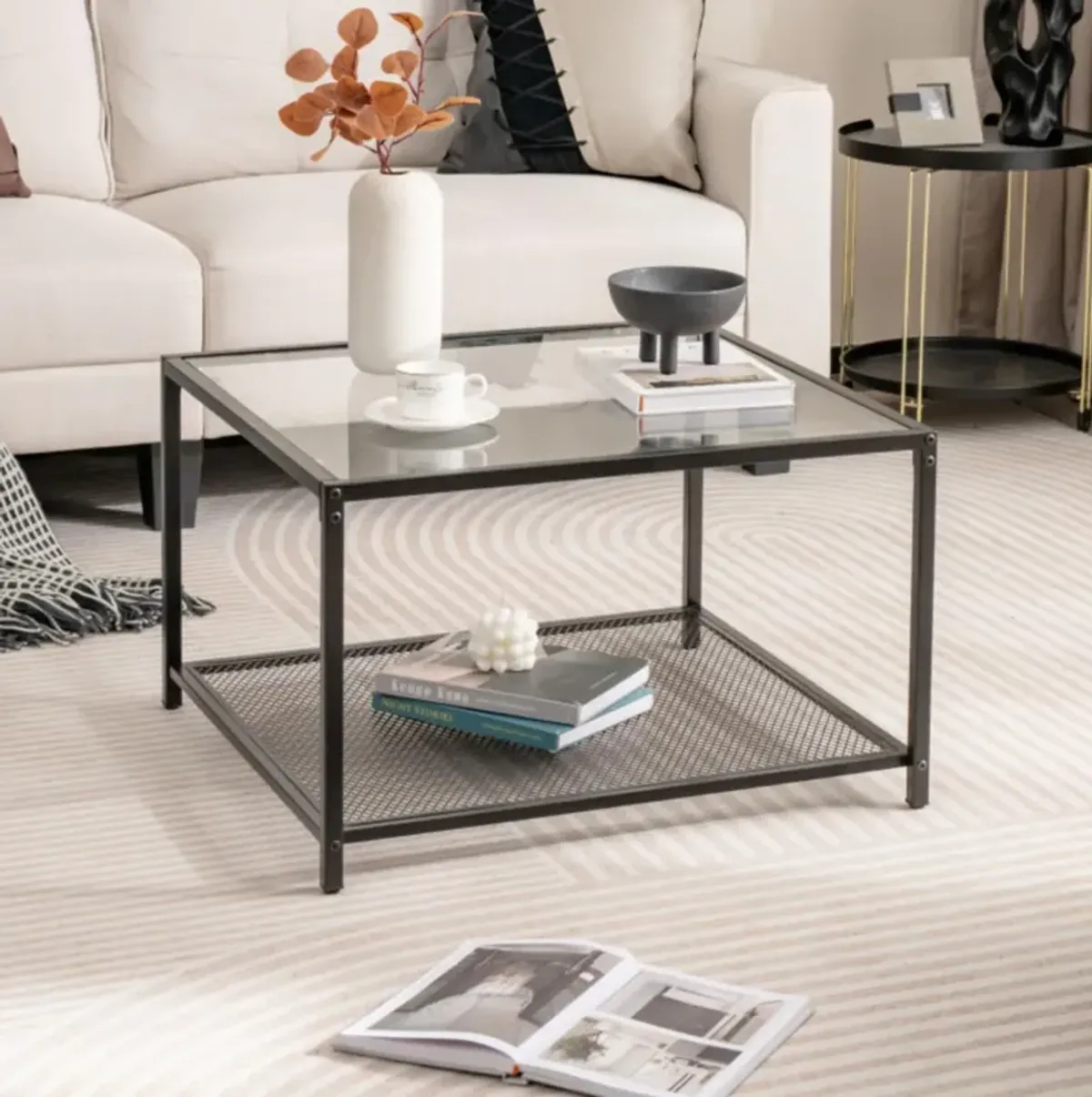 Hivvago Modern 2-Tier Square Glass Coffee Table with Mesh Shelf