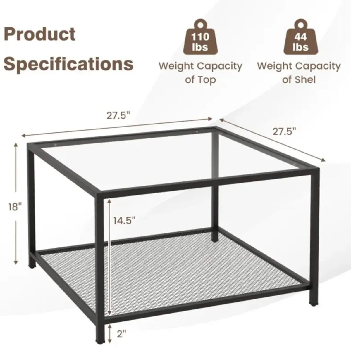 Hivvago Modern 2-Tier Square Glass Coffee Table with Mesh Shelf