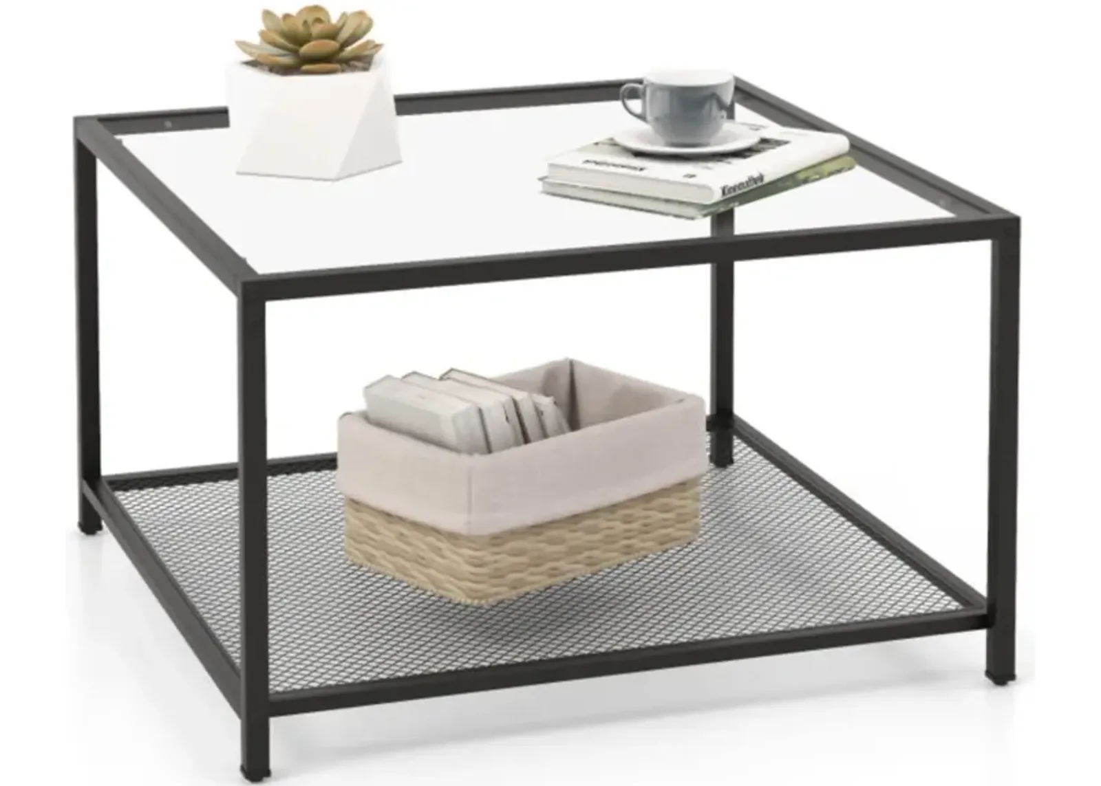 Hivvago Modern 2-Tier Square Glass Coffee Table with Mesh Shelf