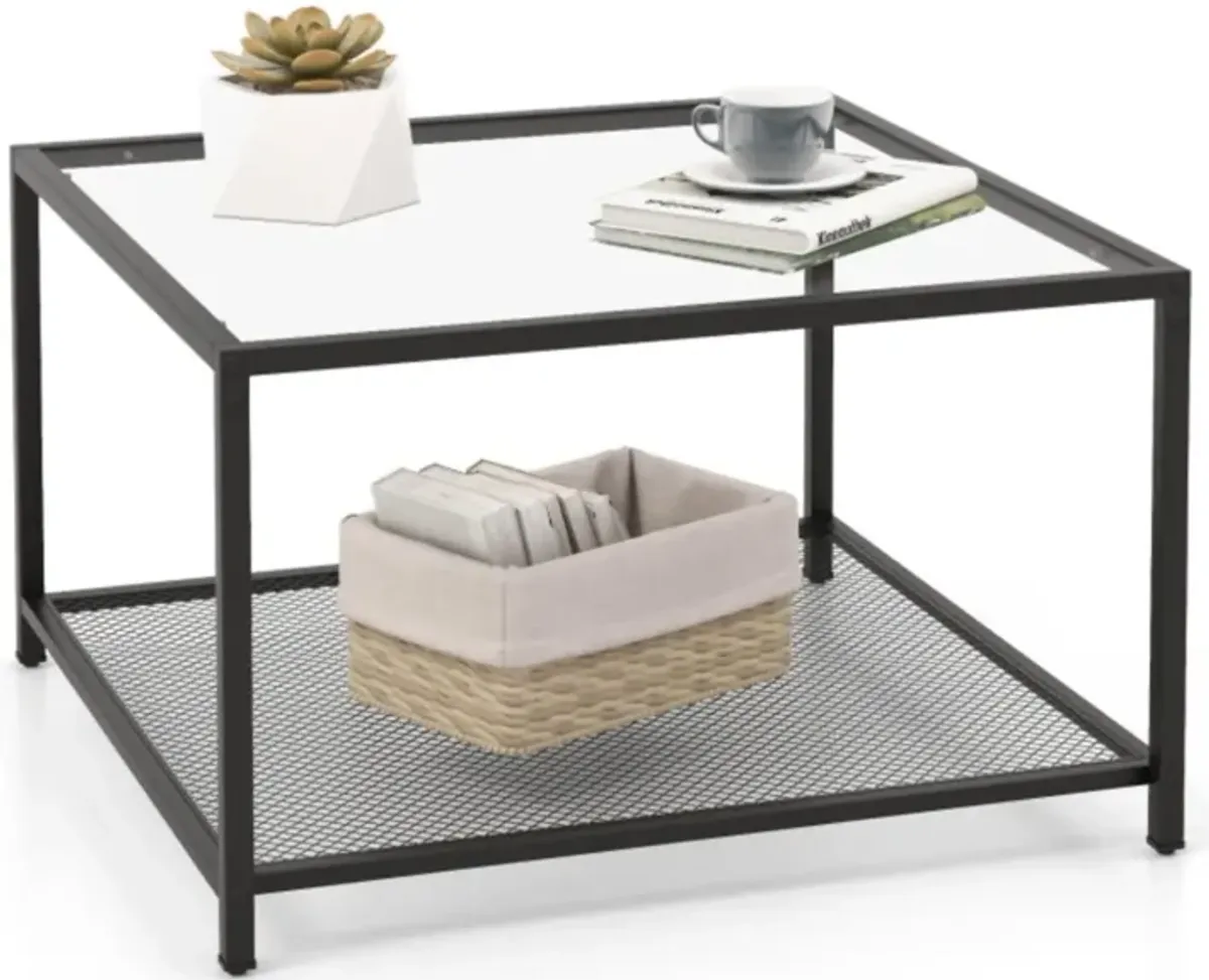 Hivvago Modern 2-Tier Square Glass Coffee Table with Mesh Shelf