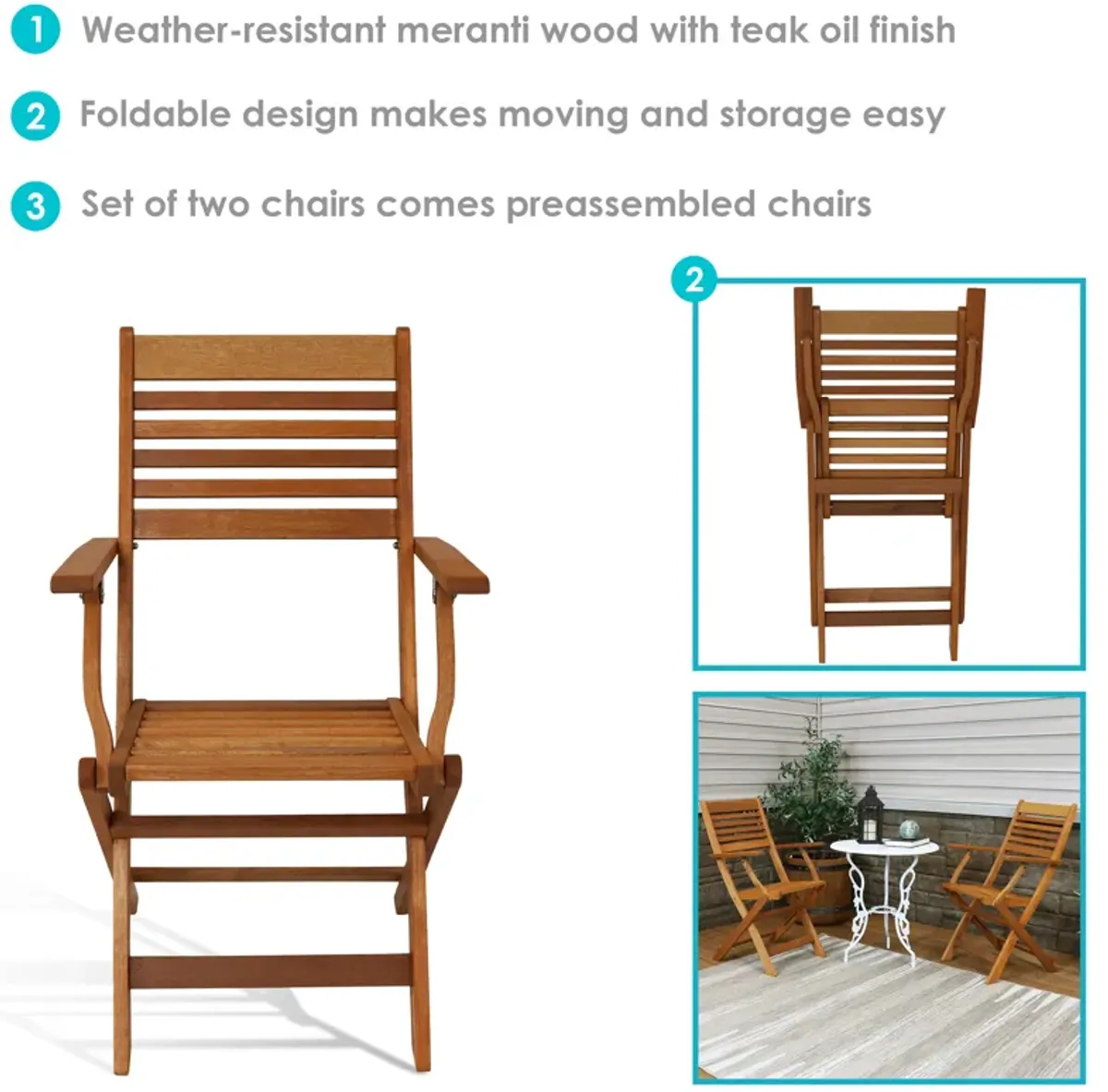 Sunnydaze Meranti Wood Folding Patio Dining Armchair - Set of 2