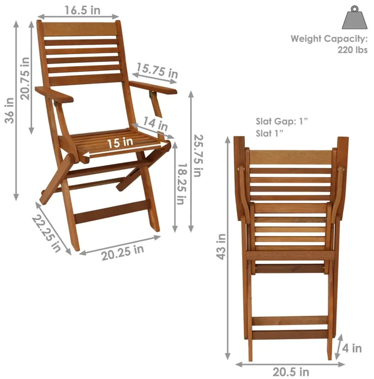 Sunnydaze Meranti Wood Folding Patio Dining Armchair - Set of 2