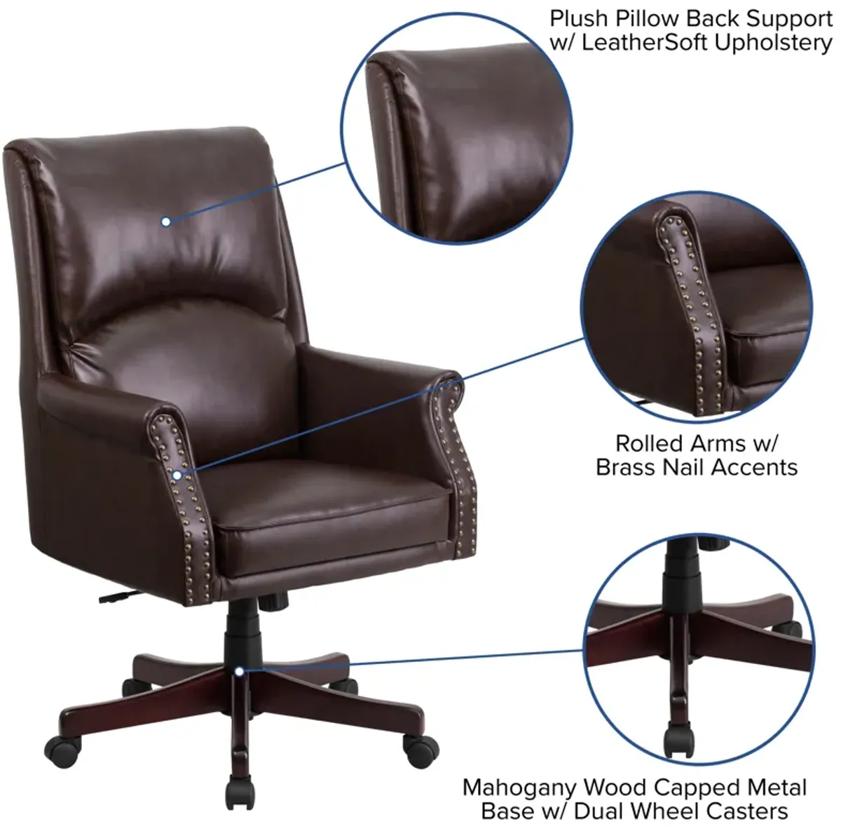 Hansel High Back Pillow Back Brown LeatherSoft Executive Swivel Office Chair with Arms