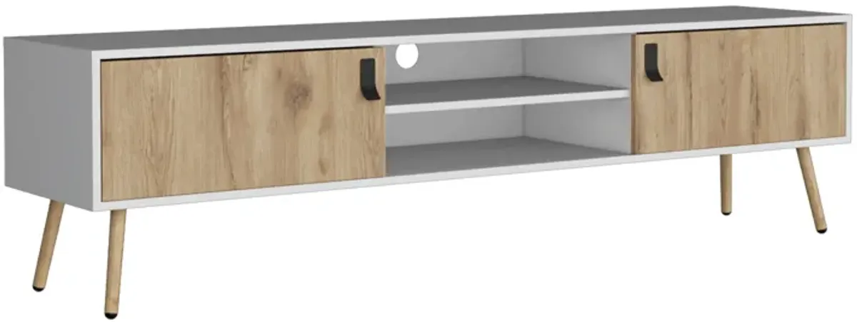 Huna TV Rack, Dual-Tone with Hinged Drawers and Open Shelves-White / Macadamia