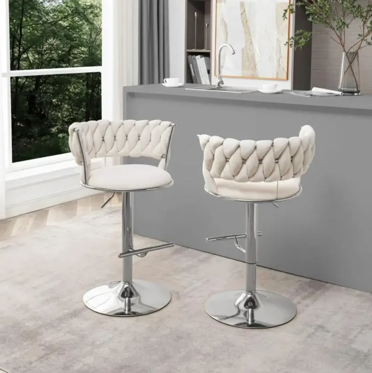 Cream adjustable barstool with silver color base (SET OF 2)