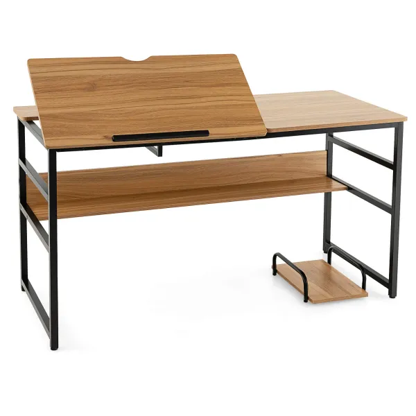 55 Inch Computer Desk with Tiltable Desktop for Drawing Writing-Natural