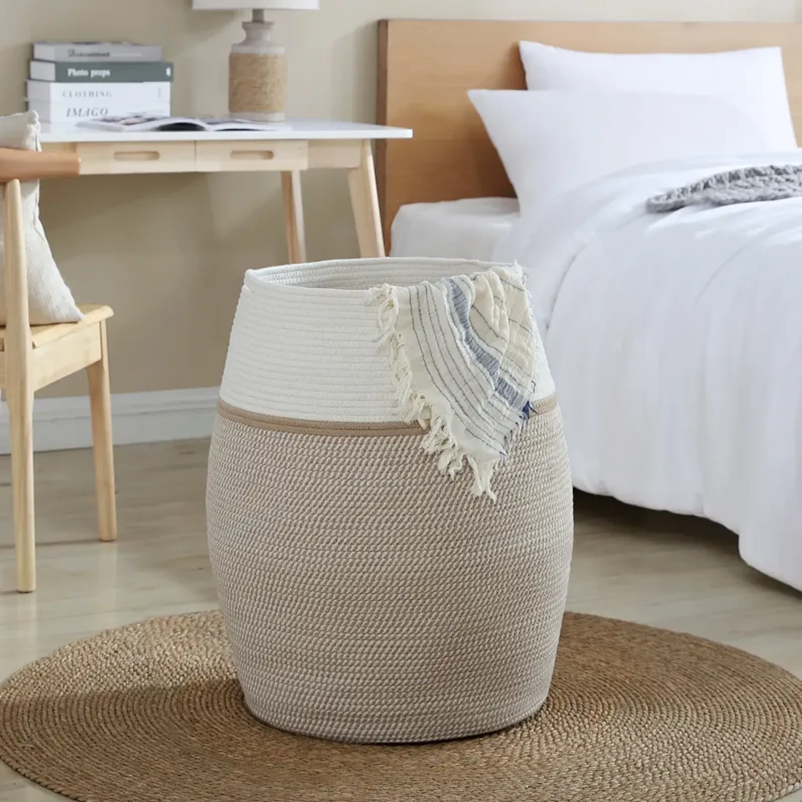 Extra Large Woven Cotton Rope Tall 25" Height Laundry Hamper Basket with Handles