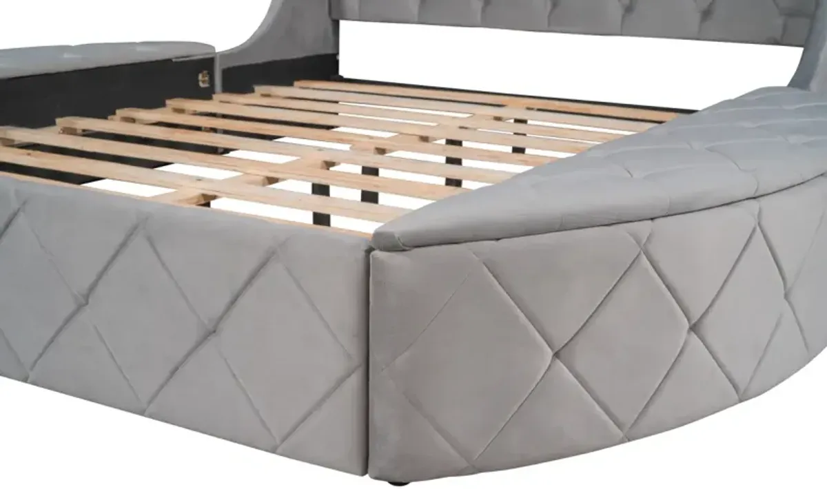 Upholstered Platform Bed Queen Size Storage Velvet Bed With Wingback Headboard And 1 Drawer