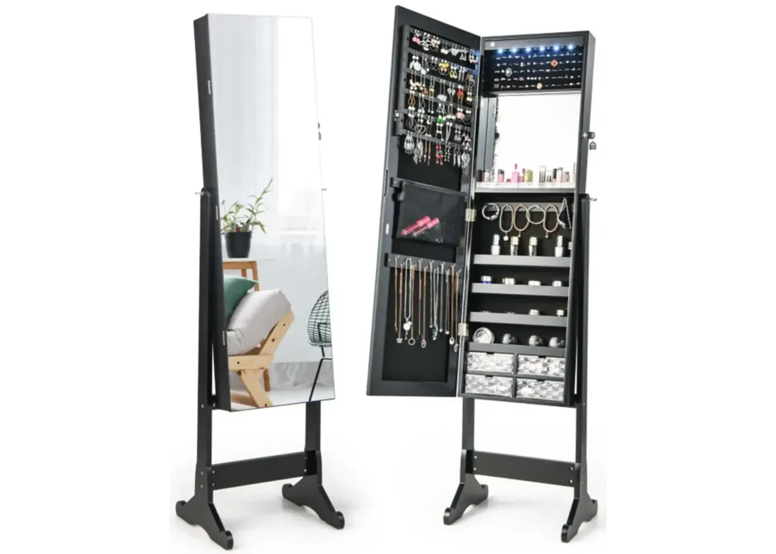 Hivvago Free Standing Full Length Jewelry Armoire with Lights