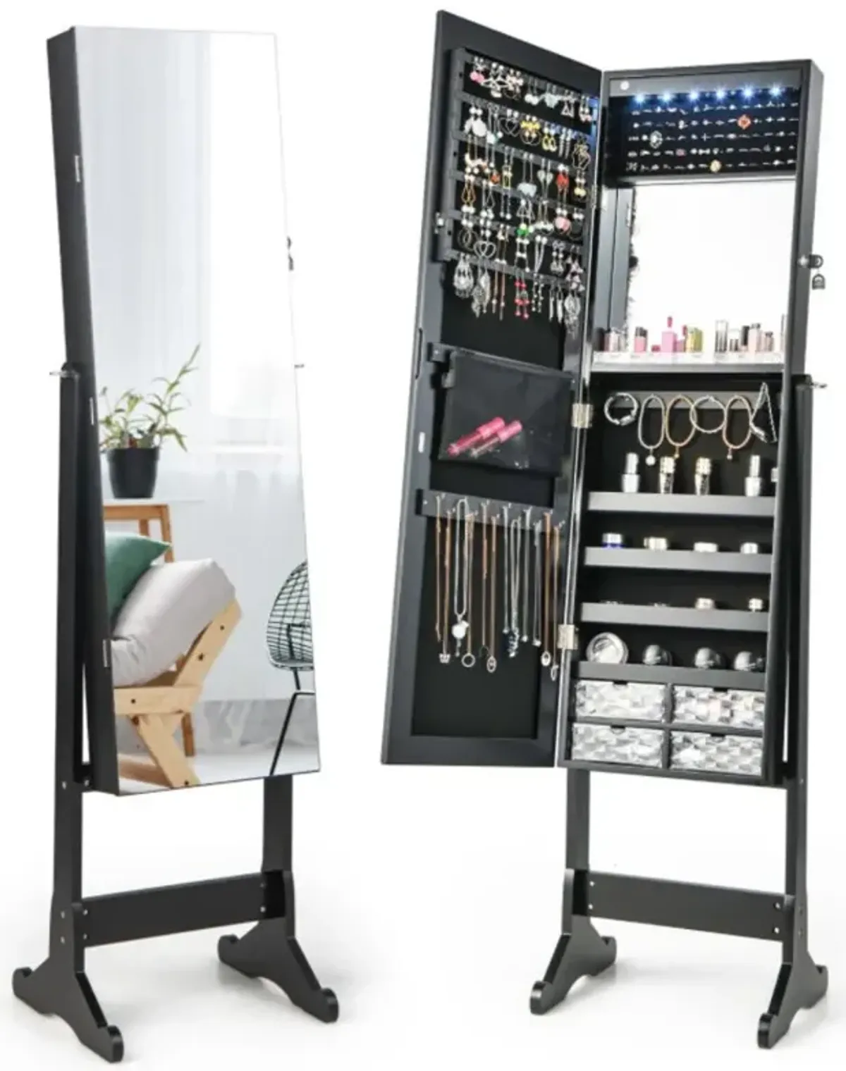 Hivvago Free Standing Full Length Jewelry Armoire with Lights