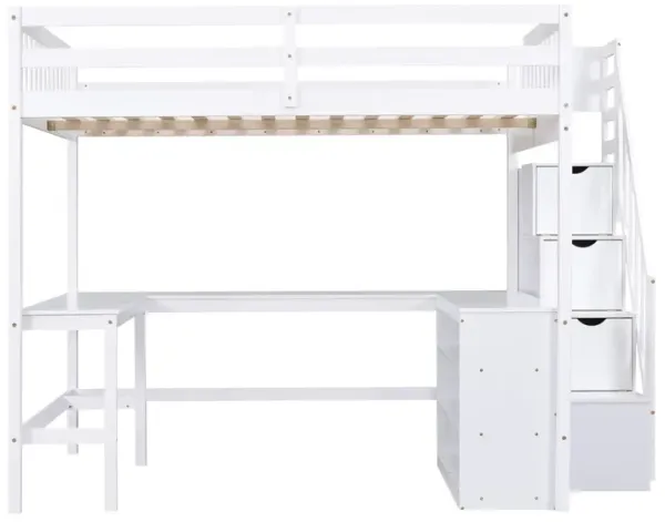 Merax Full Size Loft Bed with Built-in L-Shaped Desk and Three-Tier Storage Shelves