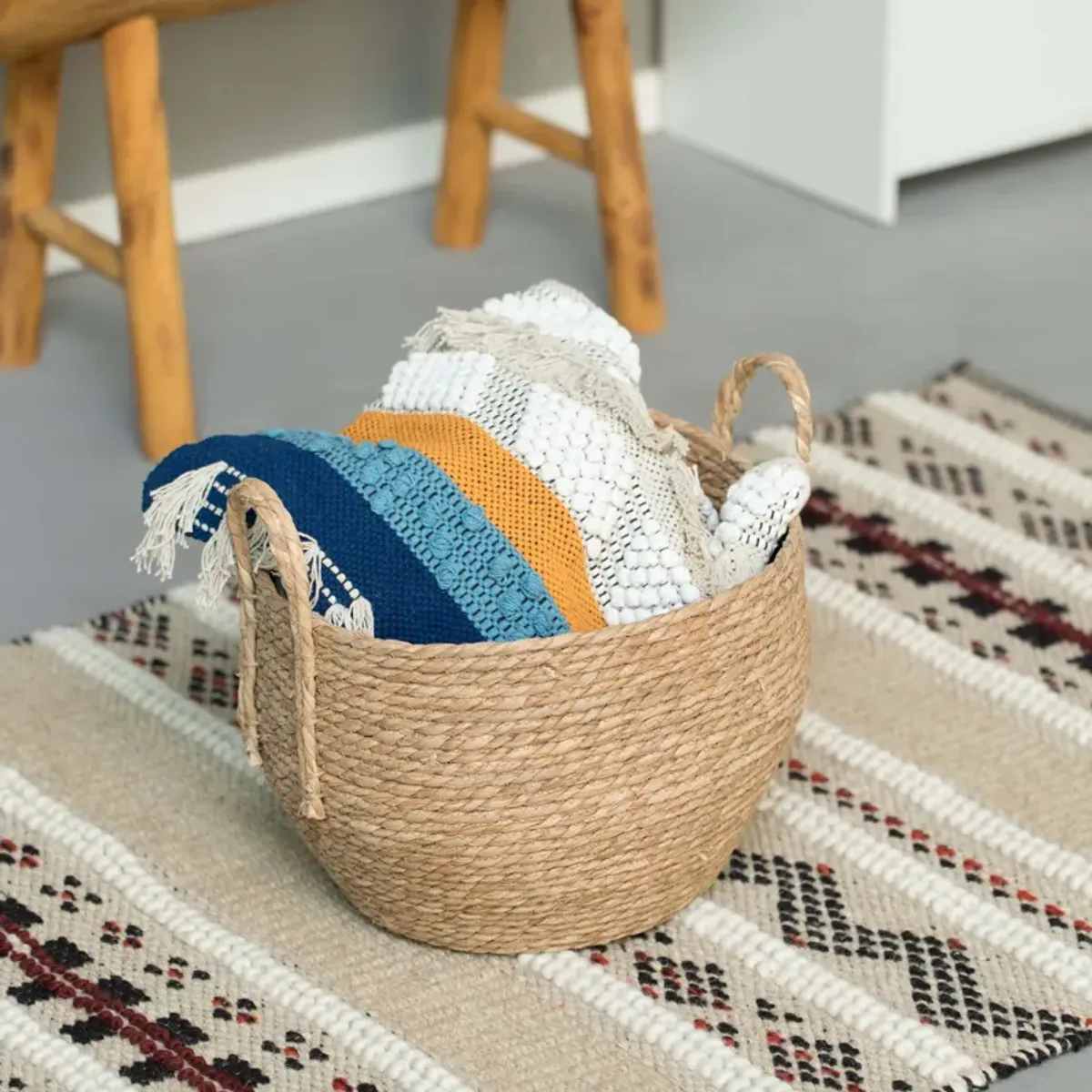 Decorative Round Wicker Woven Rope Storage Blanket Basket with Braided Handles - Large