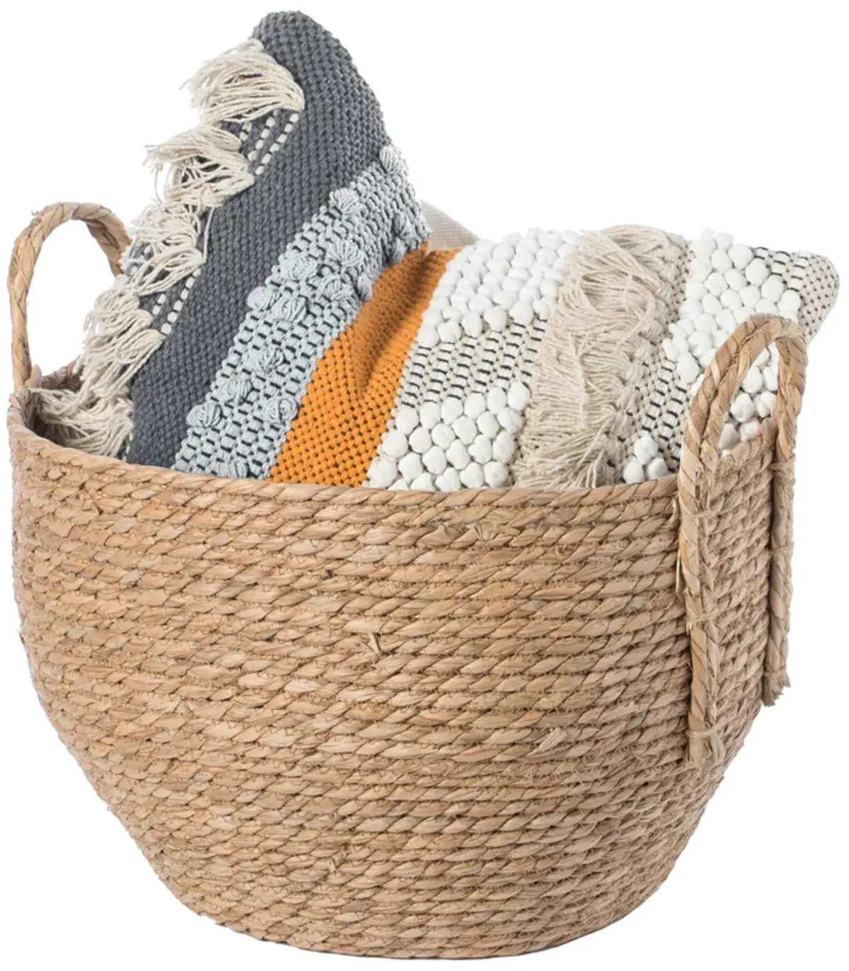 Decorative Round Wicker Woven Rope Storage Blanket Basket with Braided Handles - Large