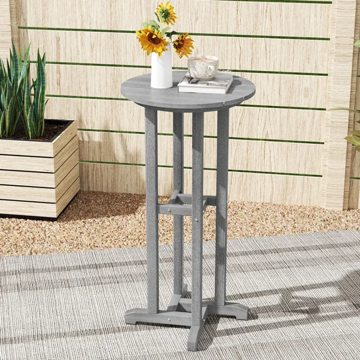 Round Bar Table Patio HDPE Bar Height With Slatted Tabletop For Outdoor