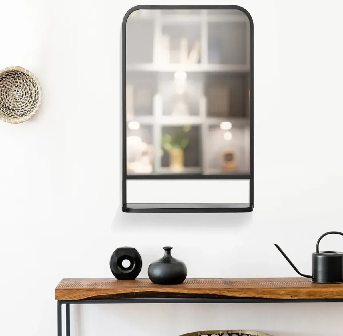 Black Wall Decor: 34x21" Contemporary Mirror with Shelf