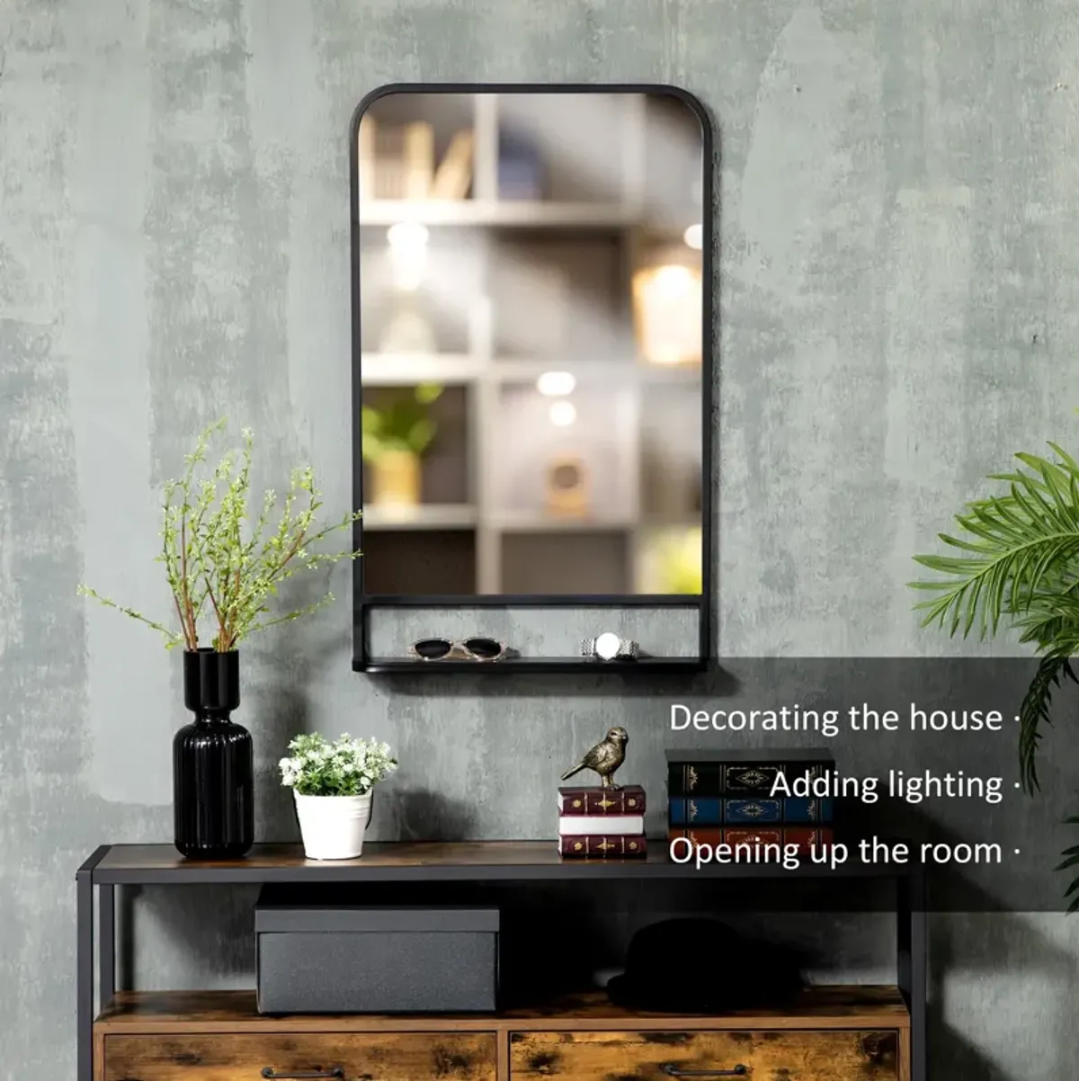 Black Wall Decor: 34x21" Contemporary Mirror with Shelf