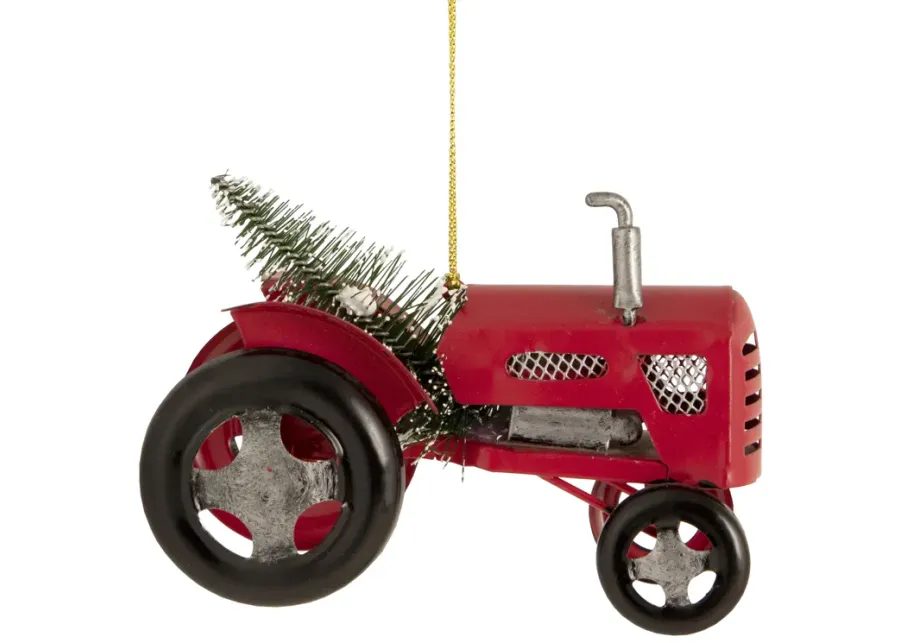 3" Red Metal Tractor with Frosted Tree Christmas Ornament