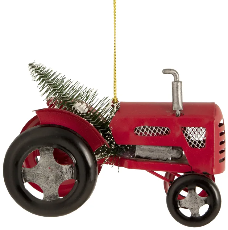 3" Red Metal Tractor with Frosted Tree Christmas Ornament