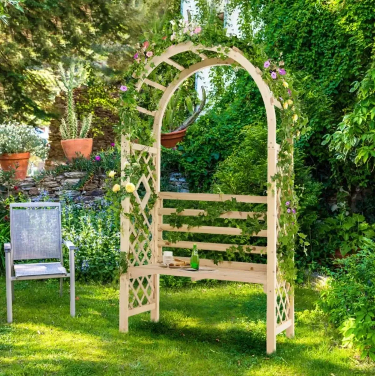 Hivvago Wooden Garden Bench Arch Pergola Outdoor Arbor