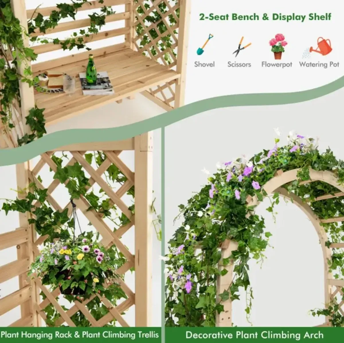 Hivvago Wooden Garden Bench Arch Pergola Outdoor Arbor