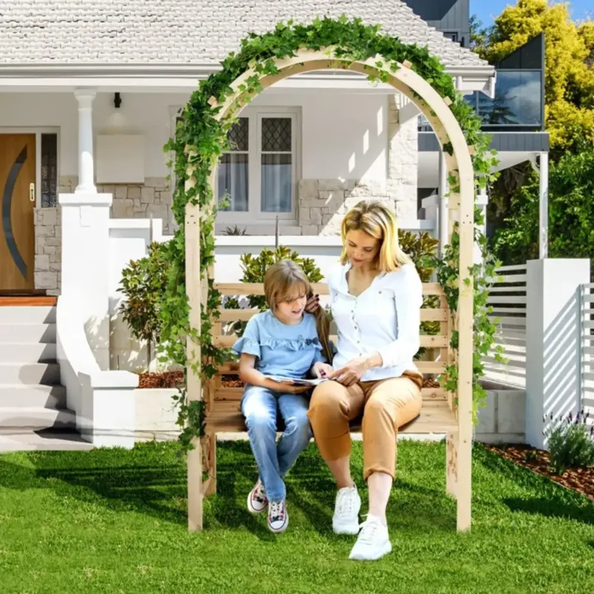 Hivvago Wooden Garden Bench Arch Pergola Outdoor Arbor