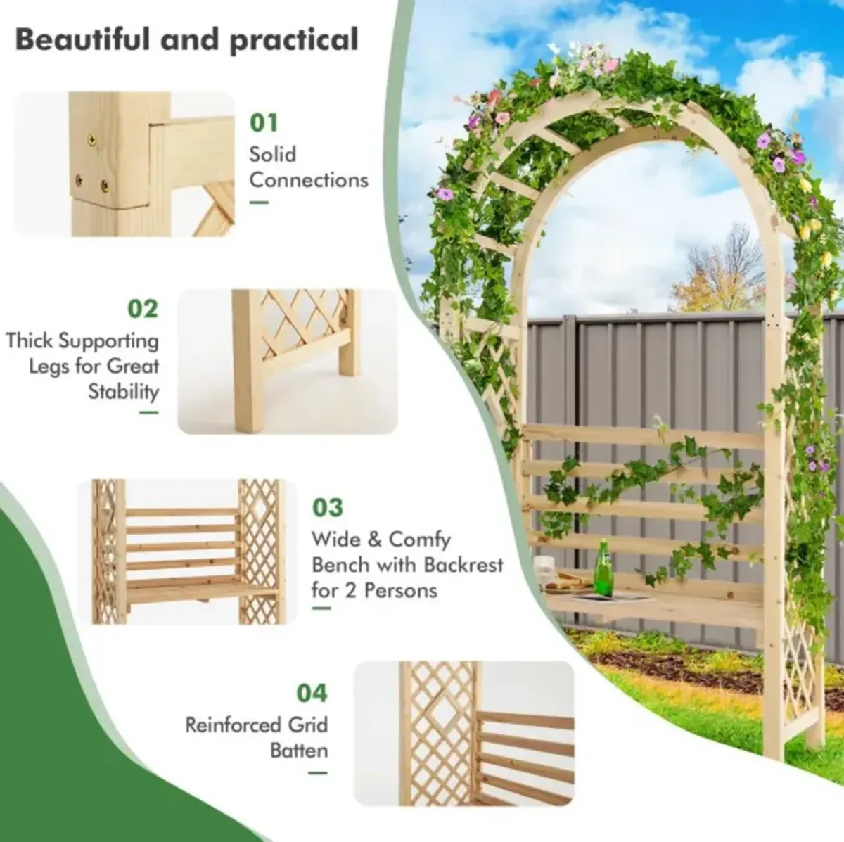 Hivvago Wooden Garden Bench Arch Pergola Outdoor Arbor