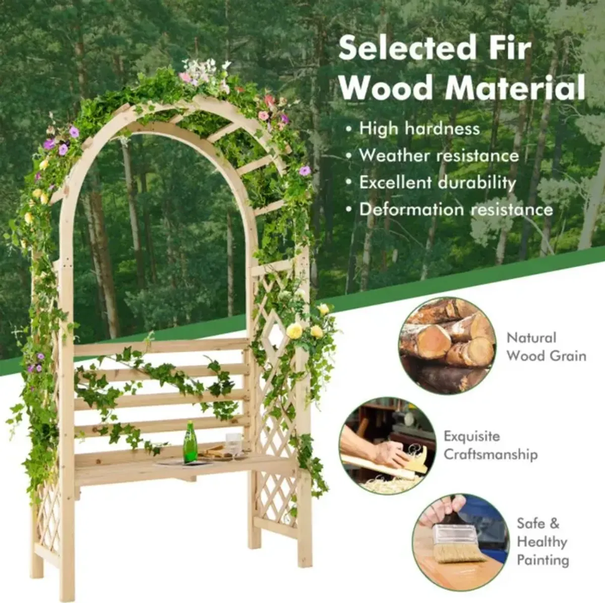 Hivvago Wooden Garden Bench Arch Pergola Outdoor Arbor