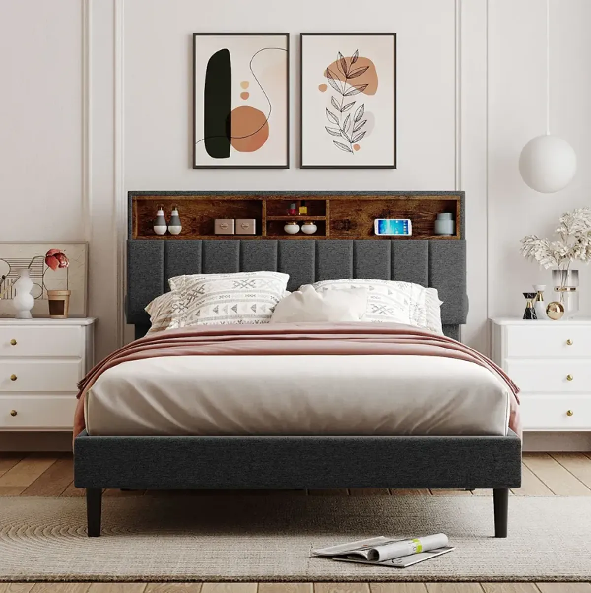 Merax Upholstered Platform Bed with Storage Headboard