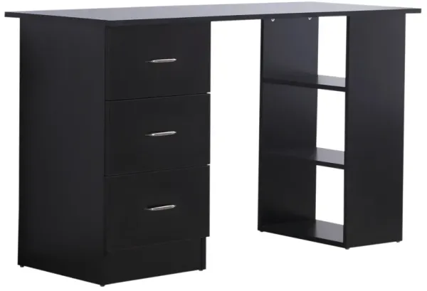 Modern Computer Workstation: Black 47" Desk, 3-Tier Shelves, Drawers