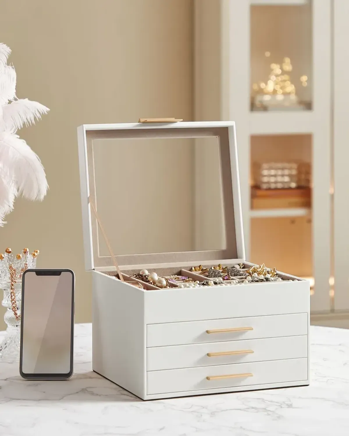 Elegant 4-Layer Jewelry Box with Glass Lid and 3 Drawers - Perfect Gift for Loved Ones