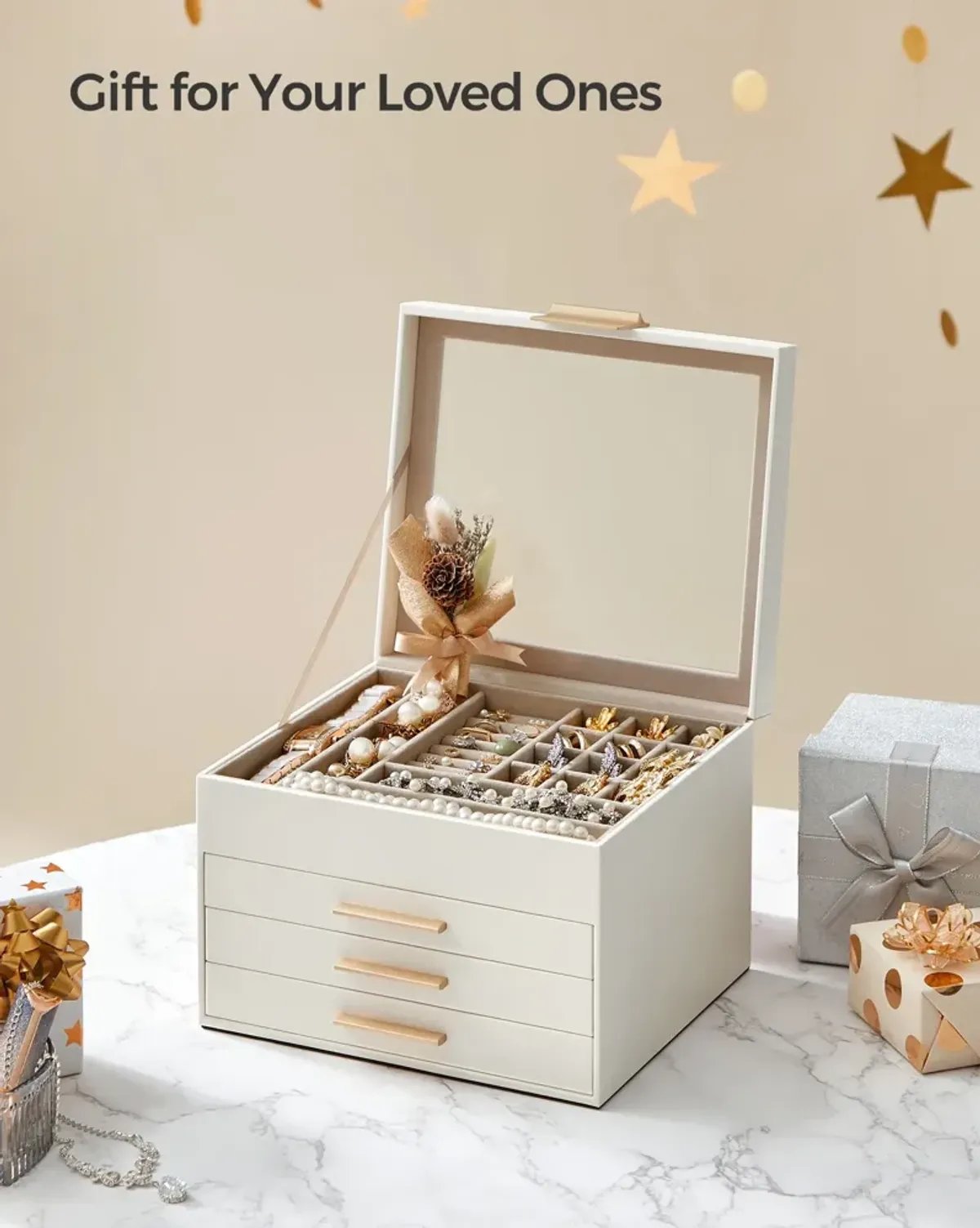 Elegant 4-Layer Jewelry Box with Glass Lid and 3 Drawers - Perfect Gift for Loved Ones