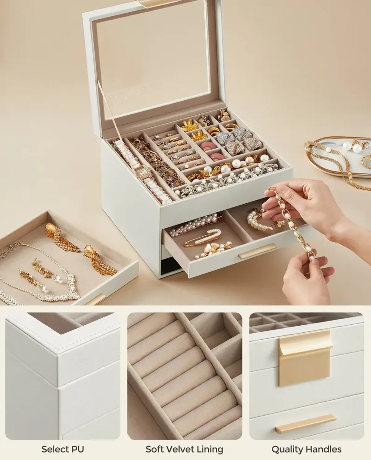 Elegant 4-Layer Jewelry Box with Glass Lid and 3 Drawers - Perfect Gift for Loved Ones