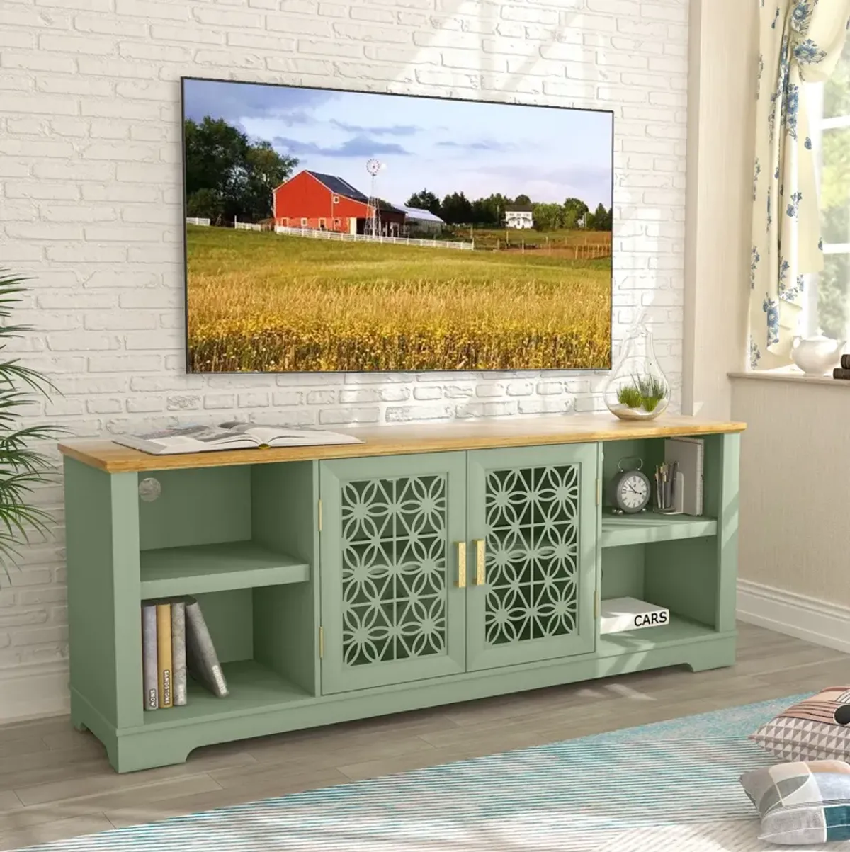 FESTIVO 70 in. Rustic Decorative Floral Door TV Stand for up to 80" TVs